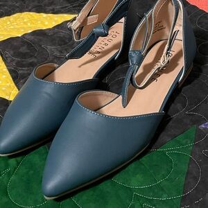 Journee Collection Blue Pointed D'Orsay Ankle-Strap Flats NIB